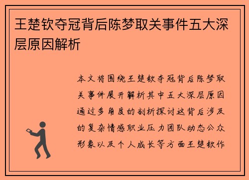 王楚钦夺冠背后陈梦取关事件五大深层原因解析