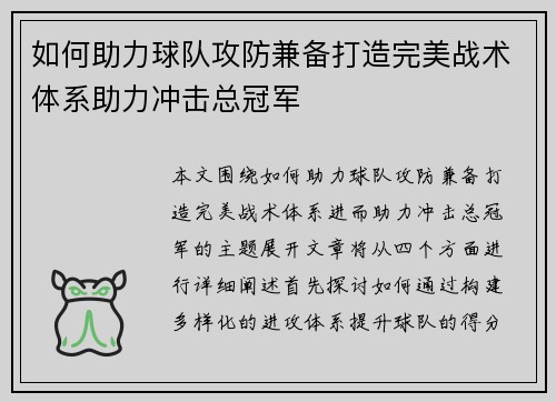如何助力球队攻防兼备打造完美战术体系助力冲击总冠军